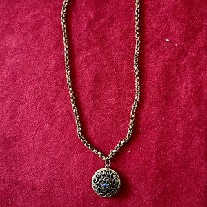 Vintage Oxidized Brass Locket Necklace w/Dark Blue Center Crystal 18”